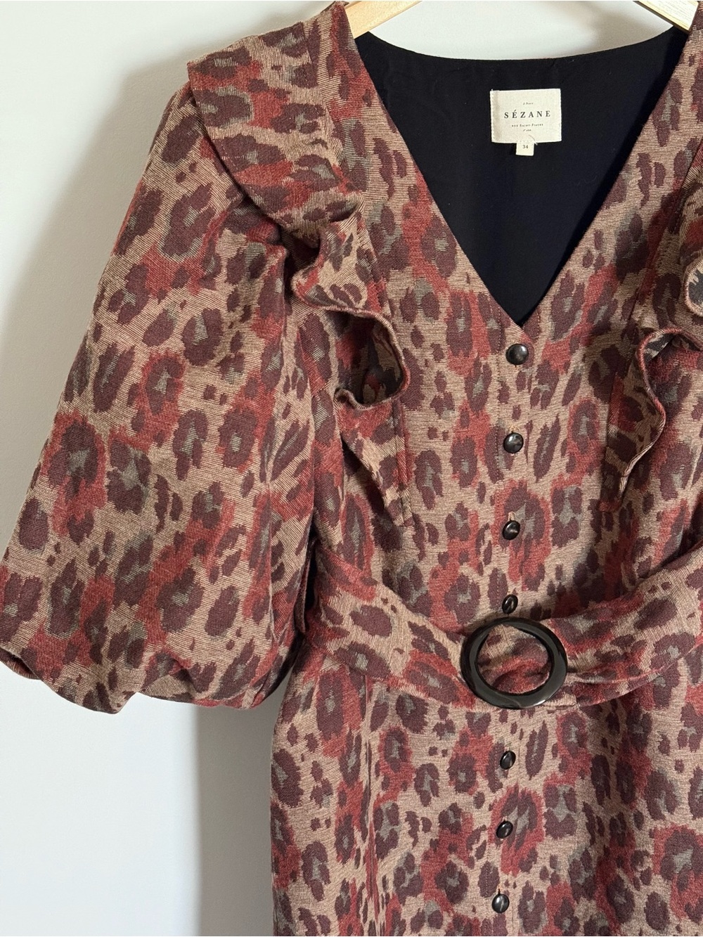Sezane Lia Dress Jacquard Leopard Bordeaux Belted Mini Ruffle FR 34 US 2 - Picture 5 of 15
